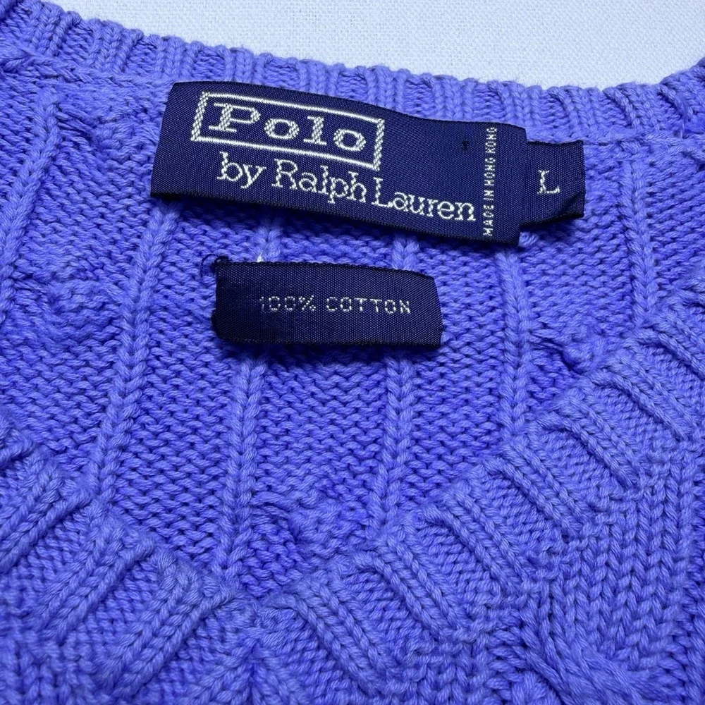 Polo Ralph Lauren Large Cable Knit Sweater Blue Pink Pony Preppy Vintage Vest
